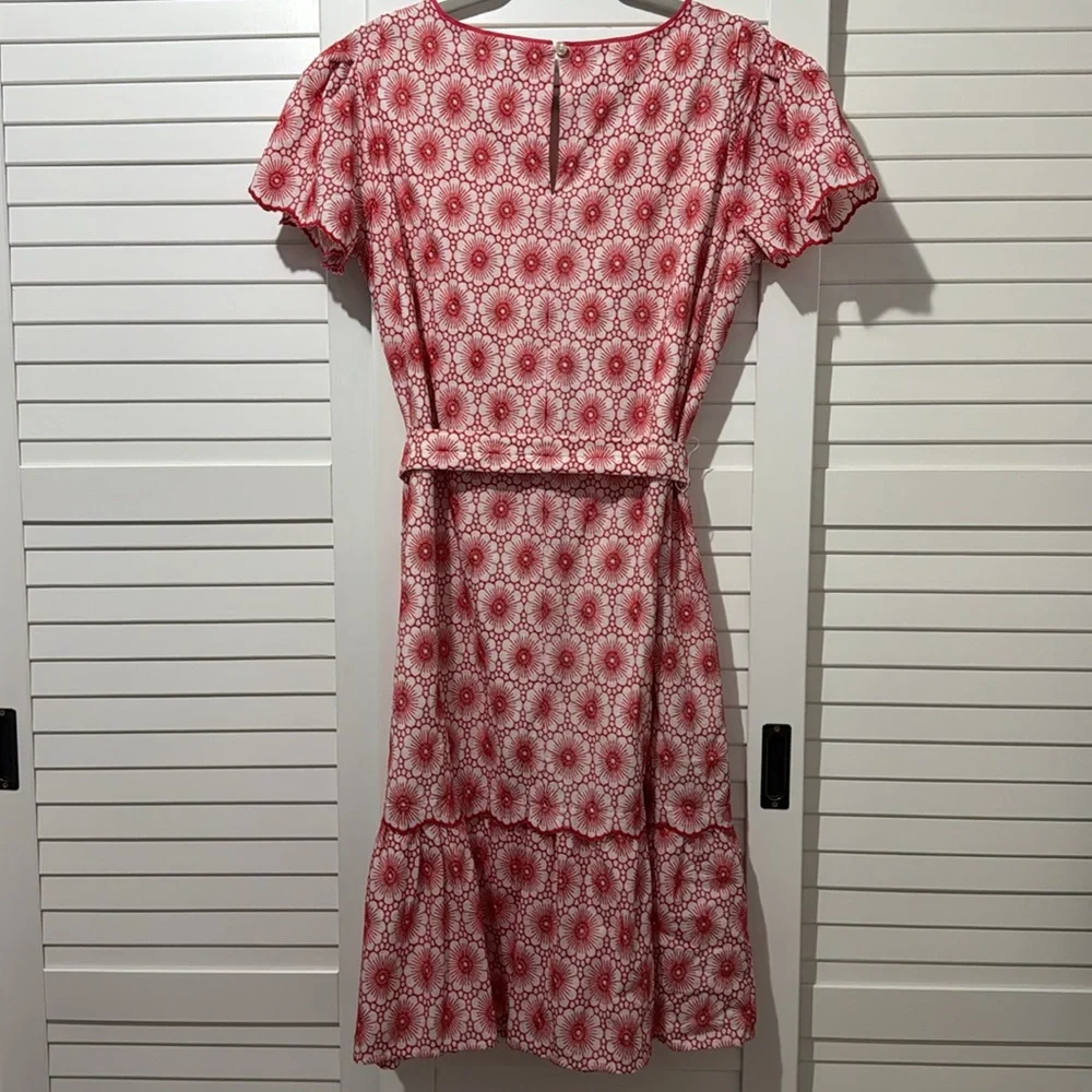 AnnTaylor floral midi dress, belted, floral embroidery, red and white, size SP - Picture 5 of 8